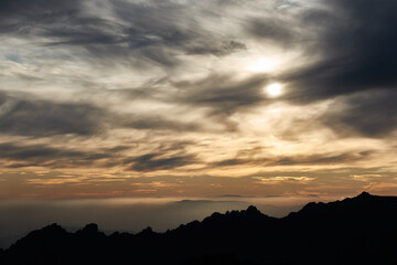 Fototapeta premium Sunset over La Pedriza from La Najarra in the Sierra de Guadarrama National Park. Madrid's community. Spain
