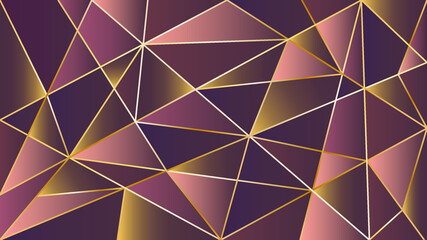 
Abstract geometric background. Background consisting of various triangles of purple, pink, yellow colors and gold line.