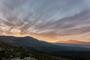Sunset over Pico de Peñalara and the Lozoya Valley from Puerto de la Morcuera in the Sierra de Guadarrama National Park. Madrid's community. Spain