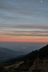Obraz premium Sunset from Puerto de la Morcuera in the Sierra de Guadarrama National Park. Madrid's community. Spain