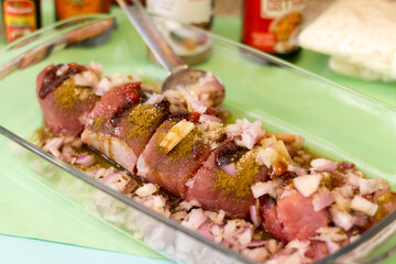 pork butt, lunch, grilling, barbecued, burn, roasted, slice, closeup, isolated, uncooked, ingredient, black, preparation, marinate, roast, rosemary, bbq, barbecue, pepper, marinade, green, cook, raw, 