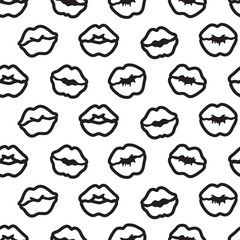 Fototapeta na wymiar Kissing lips seamless pattern in outline style. Black and white. Colored page background