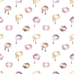 Melting kissing lips seamless pattern in metallic colors. Luxury background