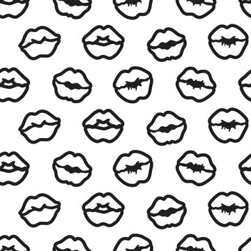 Kissing lips seamless pattern  in outline style. Black and white. Colored page background