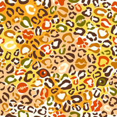 Leopard skin and lips seamless pattern animal eyes and tracks. Fashion camouflage texture. Camo print in safari colors  
