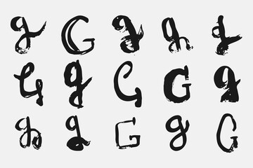 Letter G written by hand. Black letter G written in grunge calligraphy. Different versions of the font are hand-drawn in a careless style. Vector eps illustration.