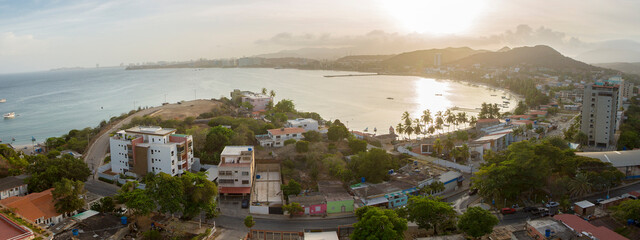 Aerial sunset view of Pampatar bay in Margarita Island