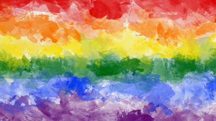 Abstract rainbow colored LGBT pride flag watercolor background with paper texture in 4k resolution. Copy space.