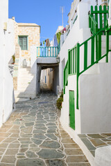 Beautiful Greek narrow street in Chora, the capital of the island of Folegandros, Cyclades, Greece