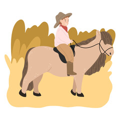 Happy small boy in hat sitting on brown pony back and riding