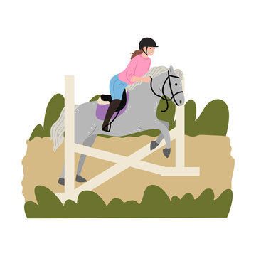 Happy young girl in helmet sitting on horse back and jumping over obstacles outdoors