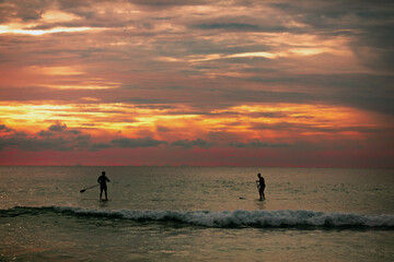 Sea sup surfing under amazing dark sunset sky. Two people on Stand Up Paddle Board. Orange sky. Paddleboarding Concept. Phuket. Thailand.