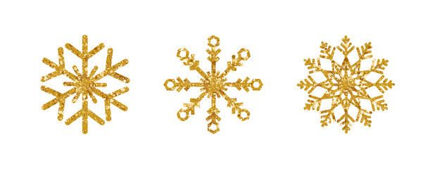 Gold glitter snowflakes set on white background. Luxury design element. Shining snowflake with sparkles and star. Christmas and New Year greeting card. Holiday ornament. Vector illustration