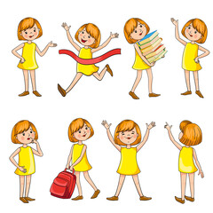 Teen girl character design in cartoon style. Training, victory, fun, reading a book, backpack, character movement