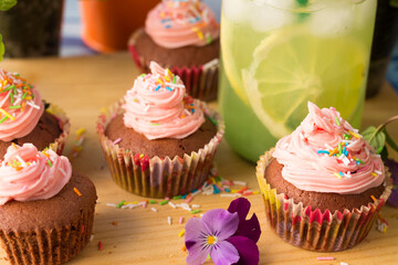 Chocolate-berry cupcakes (with pink frosting)