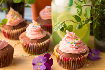 Chocolate-berry cupcakes (with pink frosting)