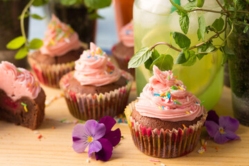 Chocolate-berry cupcakes (with pink frosting)