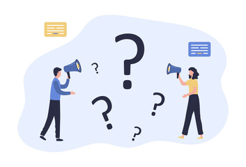 FAQ concept. A man and a woman with megaphones are asking questions, looking for answers, discussing. Flat vector illustration isolated on white background