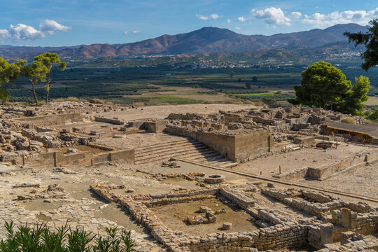 Ruins of the Phaistos Minoan Palace and village, a Bronze Age archaeological site near modern Faistos, south central Crete, Greece