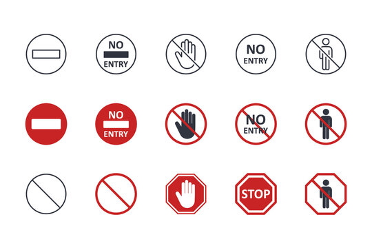Vector no entry icons. Black red marks editable stroke. Collection of stop signs, forward movement is prohibited for people, vehicles