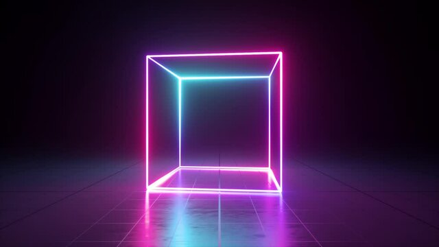 3d neon cube changes colors from pink to blue, spins and rotates in the dark room. Looping animation