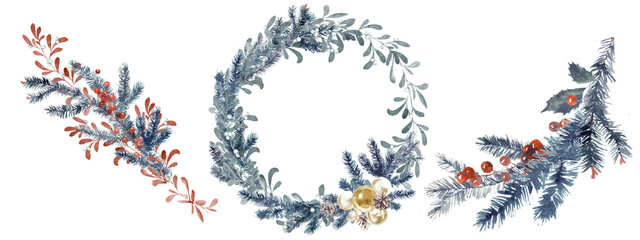 Merry Christmas and New Year watercolor hand painted set