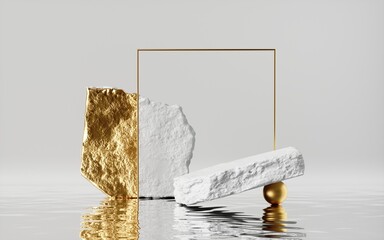 3d render, abstract modern minimal background with golden cobblestones and reflection in the water. Trendy showcase with golden square frame for product displaying