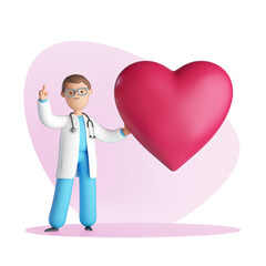 3d render, doctor cardiologist cartoon character with heart shape. Medical consultation concept on pink background