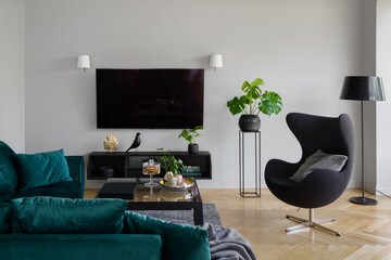 Living room with big television screen