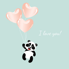 Cute little panda is flying on balloons. Template for postcards, flyers, banners.