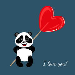 Little happy panda with big heart-shaped lollipop.