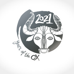 Year of the Ox 2021 in Chinese zodiac. Bull metal head. Vector stamp for New Year's design in flat style. Illustration of 2021 year of the Ox.