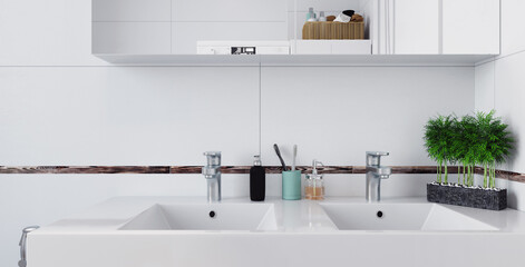3d rendering. Modern bathroom interior with white tiles. Scandinavian style.