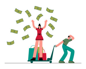 Young woman is throwing money in the air staying on the truck which a man is pulling. Wasting money concept vector flat illustration