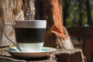 Taza de café orgánico sobre un plato entre la naturaleza.