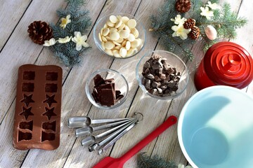 Festive holiday ingredients for making delicious candy and treats for Christmas season gifts and chocolates for family and friends