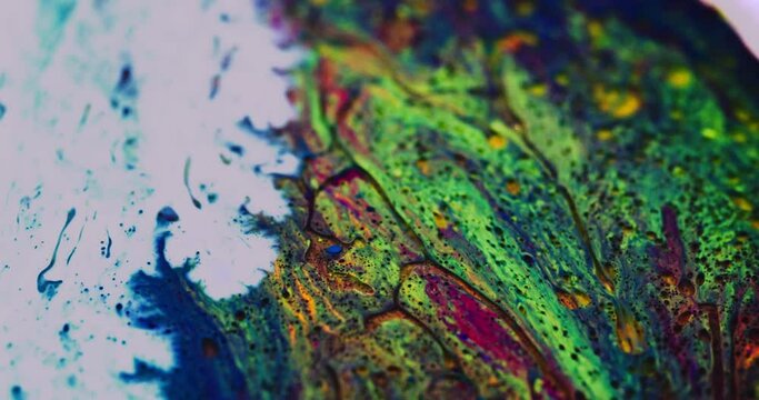 Macro Paint with Neon Color Palette. Oil Mixed with Rainbow and White Dye, Ink, and Paint.