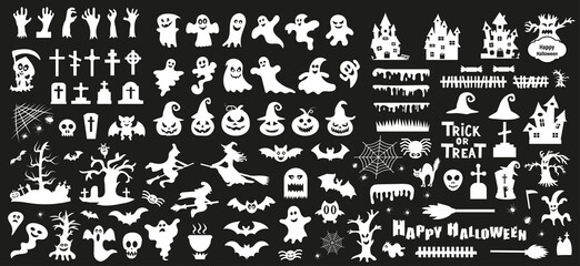 Set of silhouettes of Halloween on a black background. Vector illustration.