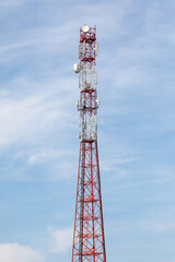 High-power tower Power transmission system.High voltage transmission line.high voltage pole Power transmission system With sky background image. High-voltage tower at blue sky background.
