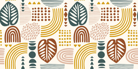 Seamless pattern with abstract leaves and geometric shapes. Modern vector design