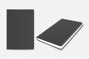 Vector 3d Realistic Black Closed Blank Paper Notebook Set Isolated on Transparent Background. Design Template of Copybook, Diary for Mockup, Advertise, Logo Print. Front, Top View
