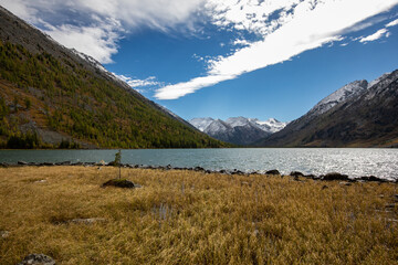 Snake river,Beautiful mountain back ground green river banks,Brown dry grass up the mountain slopes. gray overcast clouds. peaceful water flow
