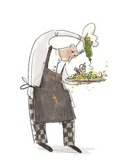 Professions. sketch of a chef sprinkling salad dish with olive oill illustration