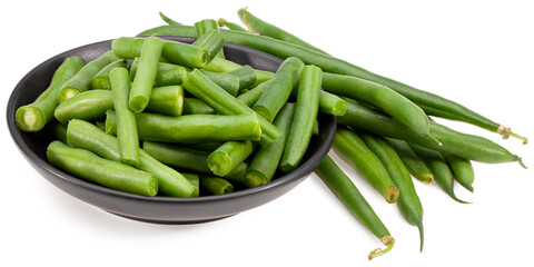 green beans in a black plate isolated on white background. Clipping path and full depth of field