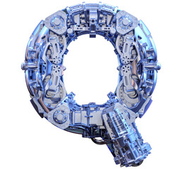 Capital letter Q 3D logo. Cyber technological abstract texture alphabet font. Robot techno style ABC typeface mechanical symbol isolated. Hi tech metallic letter Q typography text design illustration