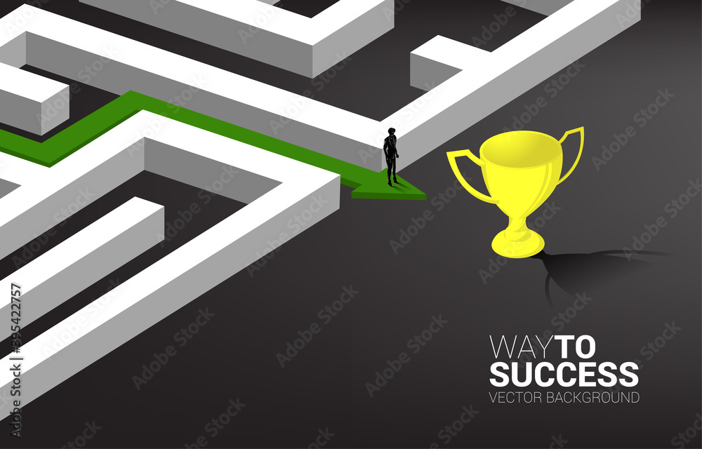 Poster Silhouette of Businessman on Arrow with route path to exit the maze to golden trophy. Business concept for problem solving and solution strategy