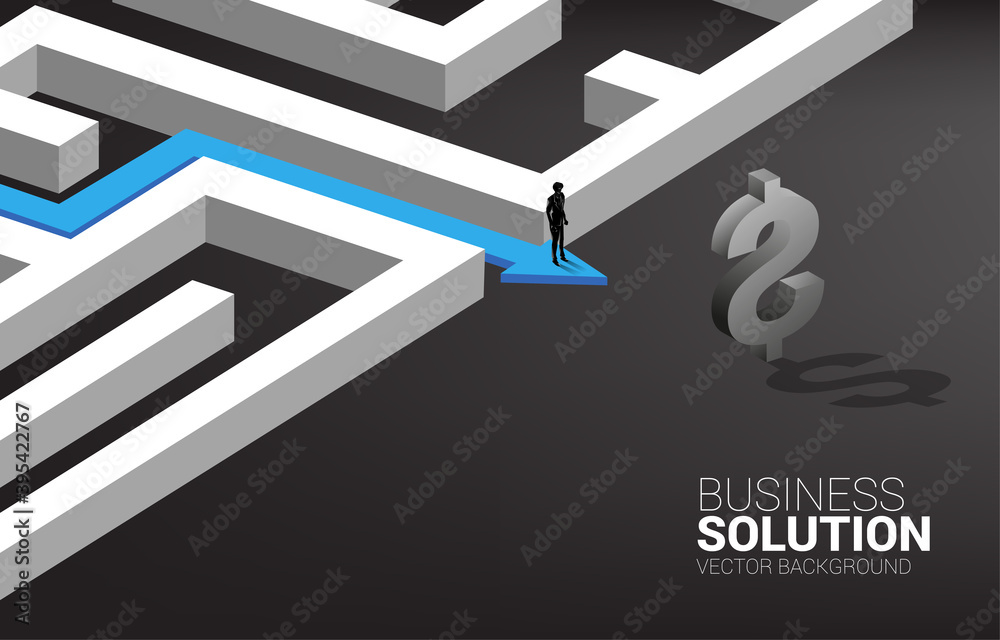 Poster silhouette of businessman on route path to exit the maze to dollar icon. concept for business missio