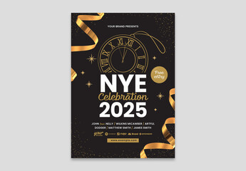 NYE Party Flyer Layout with Gold Ribbons