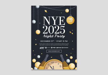 New Year's Eve Flyer Invitation with Clock and Bottles
