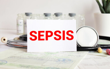 Doctor holding a card with text Sepsis, medical concept.